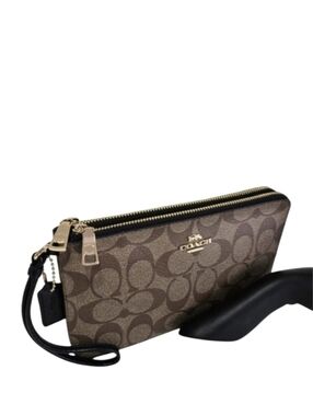 Coach Khaki And Brown Signature Coated Canvas Large Double Corner Zip Wristlet